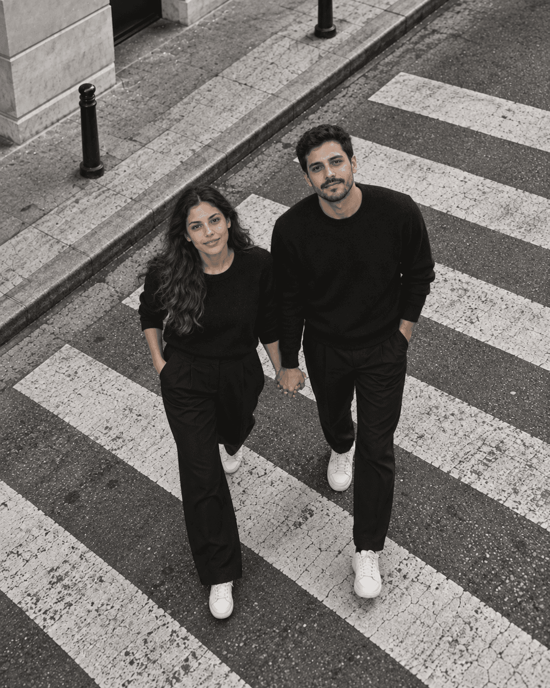 Casal atravessando a faixa de pedestres de mãos dadas