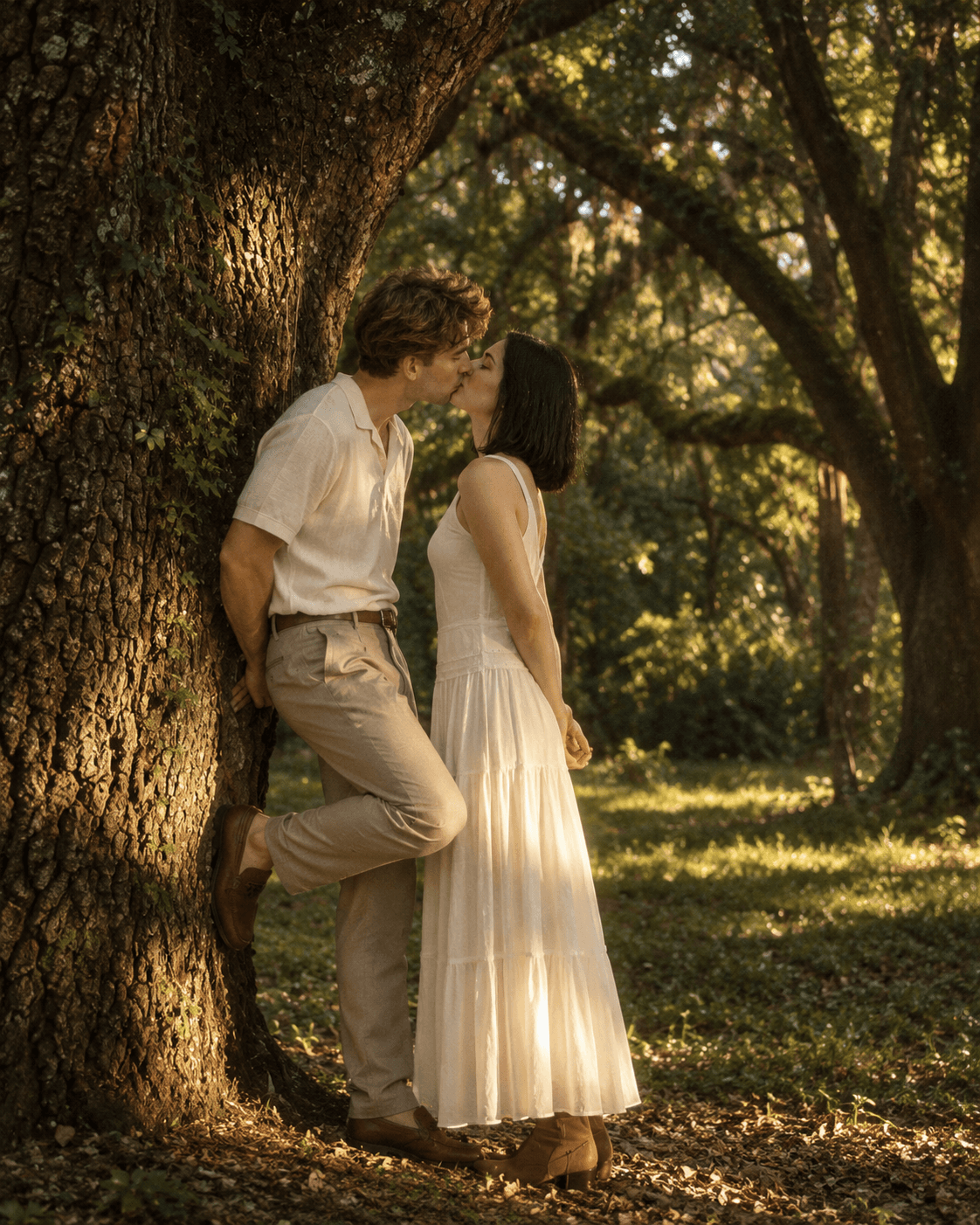Casal se beijando sob uma árvore grande no parque, ele encostado no tronco, ela de vestido claro