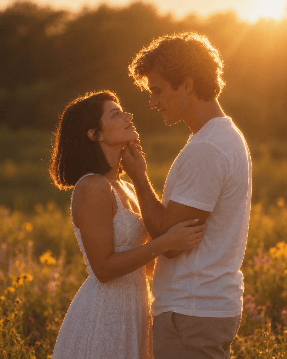Casal no campo ao pôr do sol: ela olha para ele sorrindo, ele segura o queixo dela com carinho