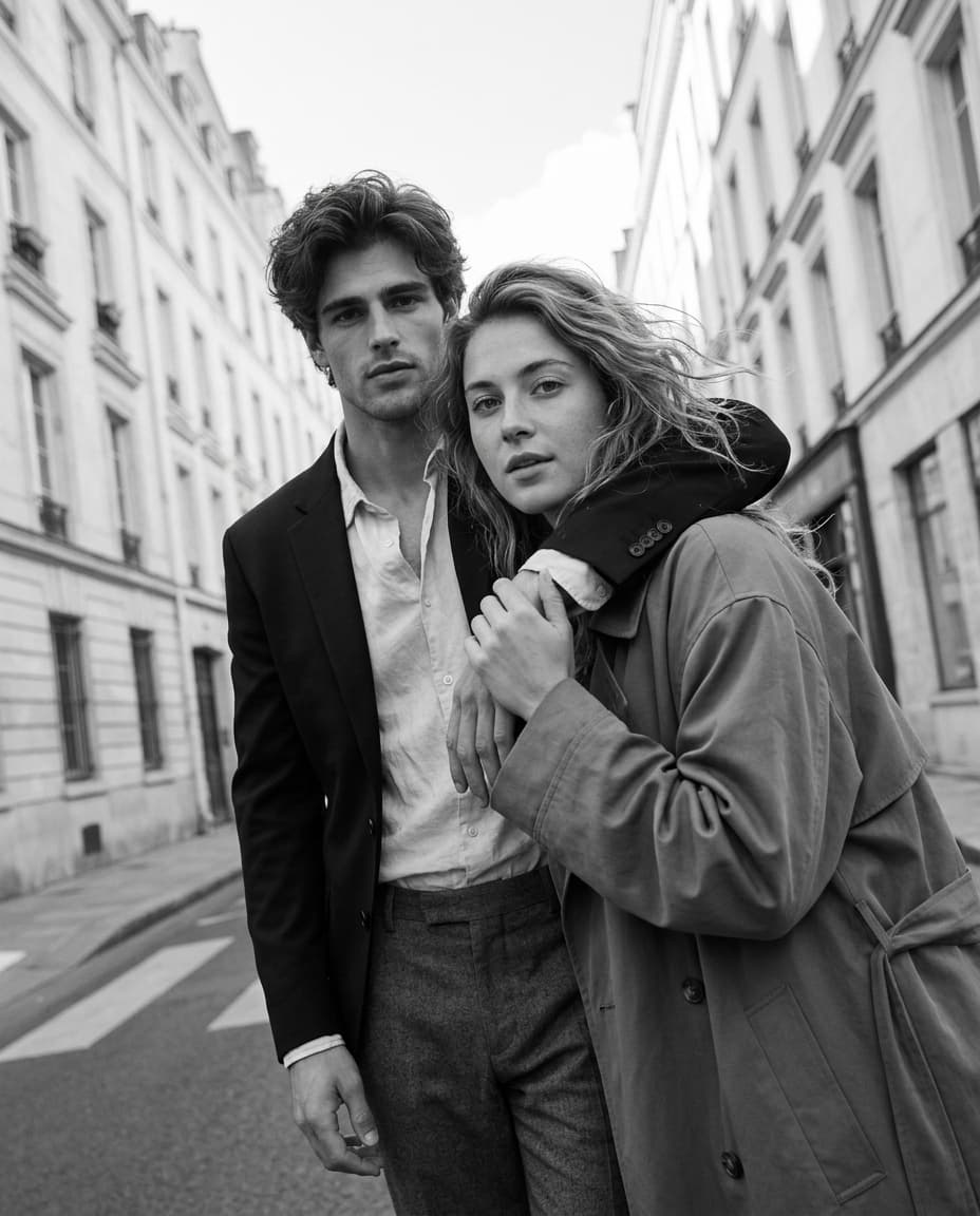Casal em abraço na rua, em preto e branco, com prédios altos convergindo ao fundo