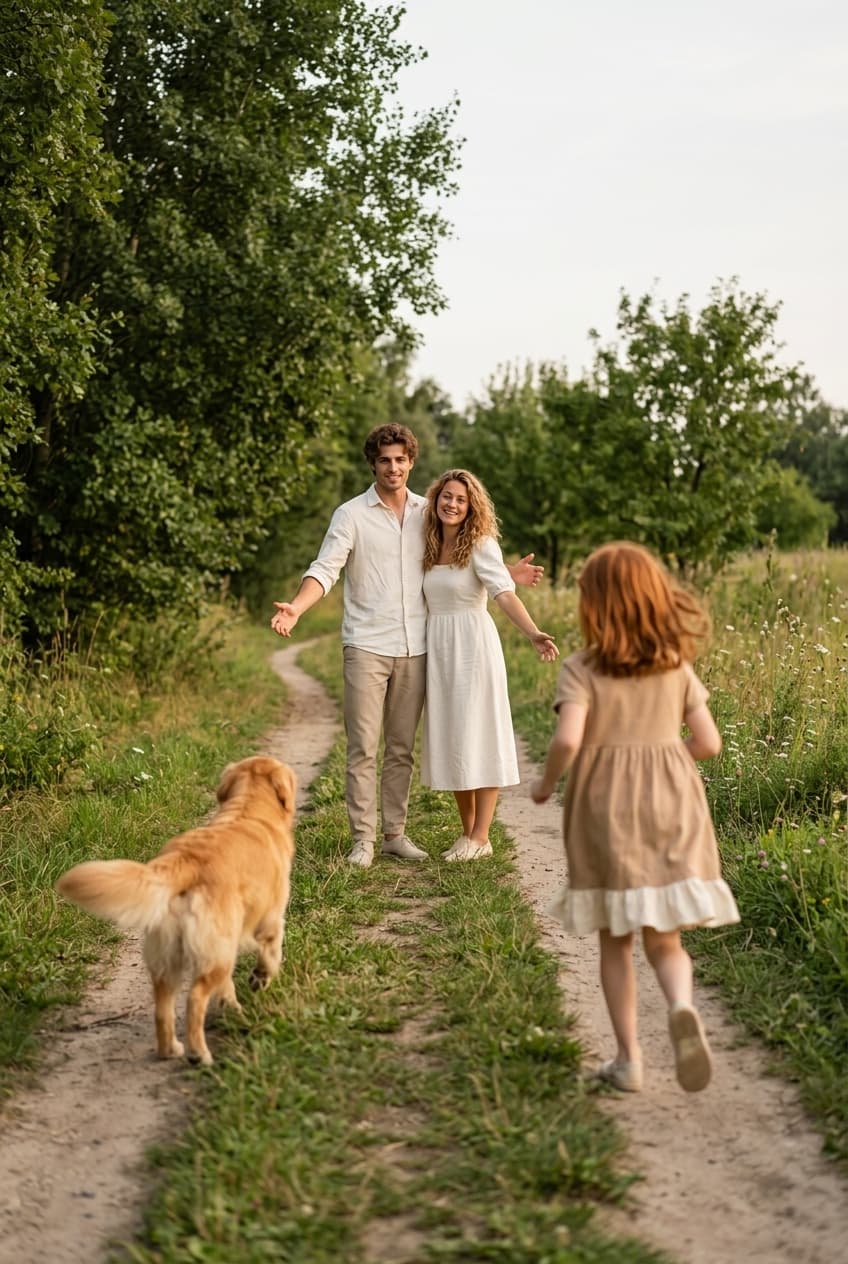 Menina e golden retriever correndo por uma trilha em direção aos pais, que esperam de braços abertos
