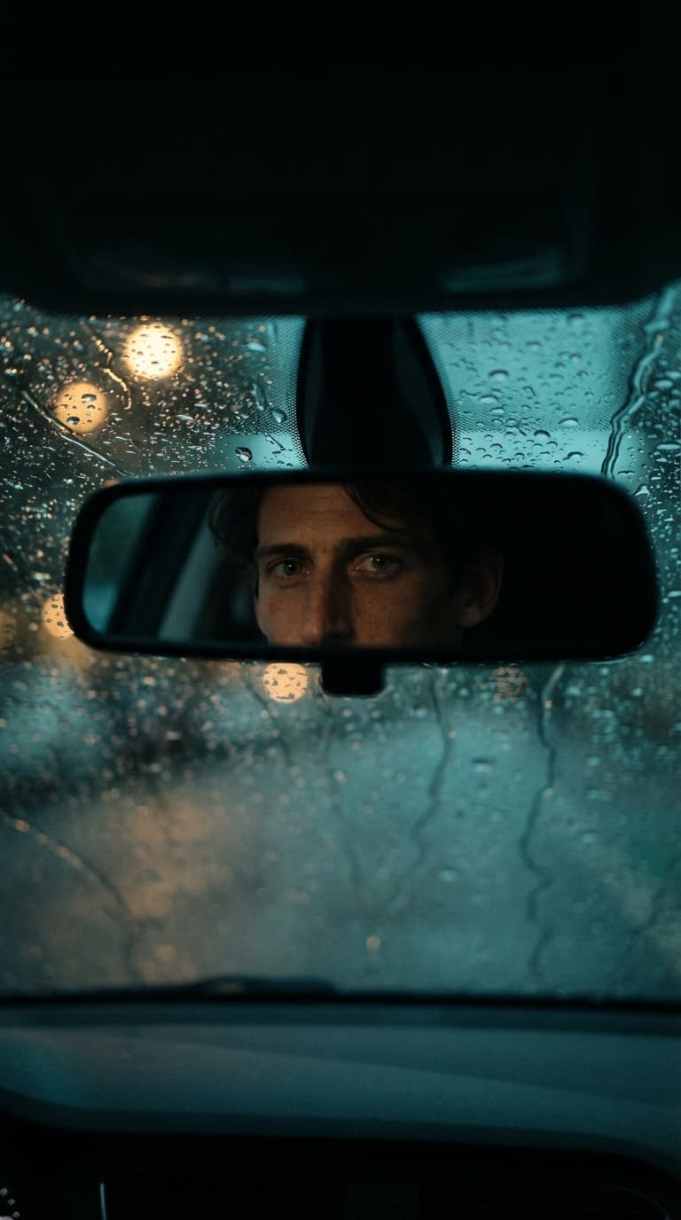 Homem refletido no retrovisor interno, com o para-brisa molhado e luz âmbar na rua