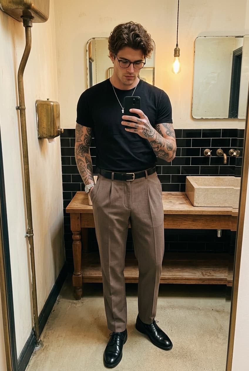 Homem em selfie de corpo inteiro no espelho de um banheiro vintage com detalhes em latão e azulejos pretos