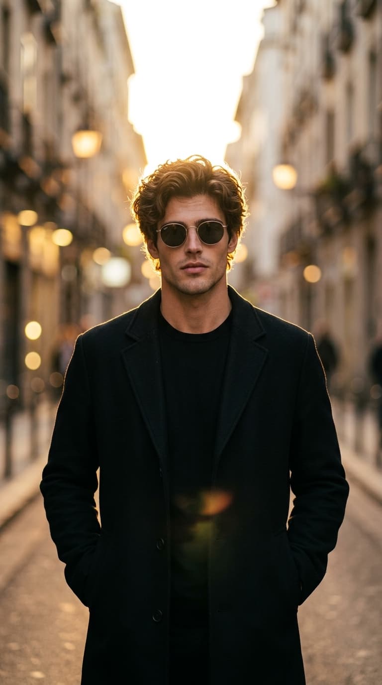 Homem de casaco preto e óculos redondos em uma rua estreita, com contraluz âmbar ao pôr do sol