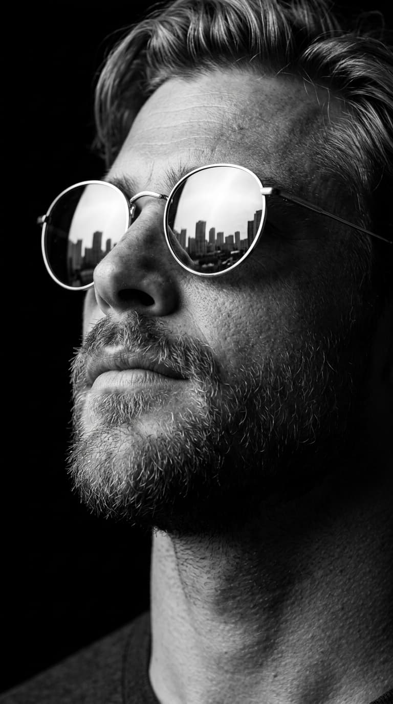 Close em preto e branco de um homem de óculos redondos espelhados, com a cidade refletida nas lentes contra fundo preto