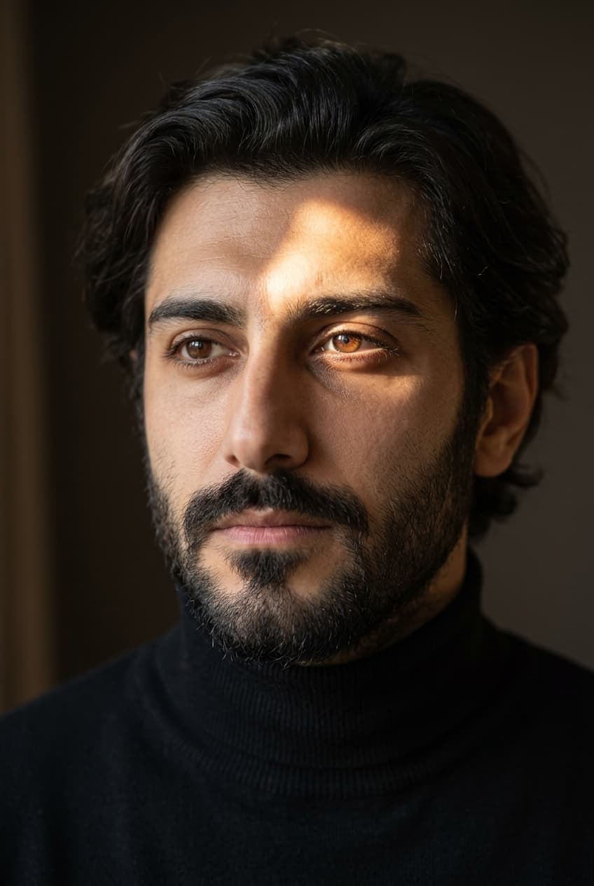 Retrato de um homem de gola alta preta, com luz âmbar no olho direito e o outro olho na sombra