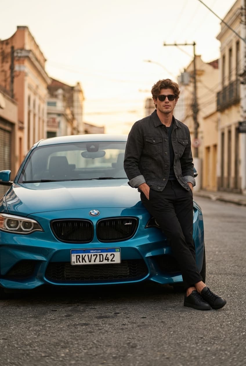 Homem de jaqueta jeans e óculos escuros encostado num BMW azul numa rua colonial ao entardecer