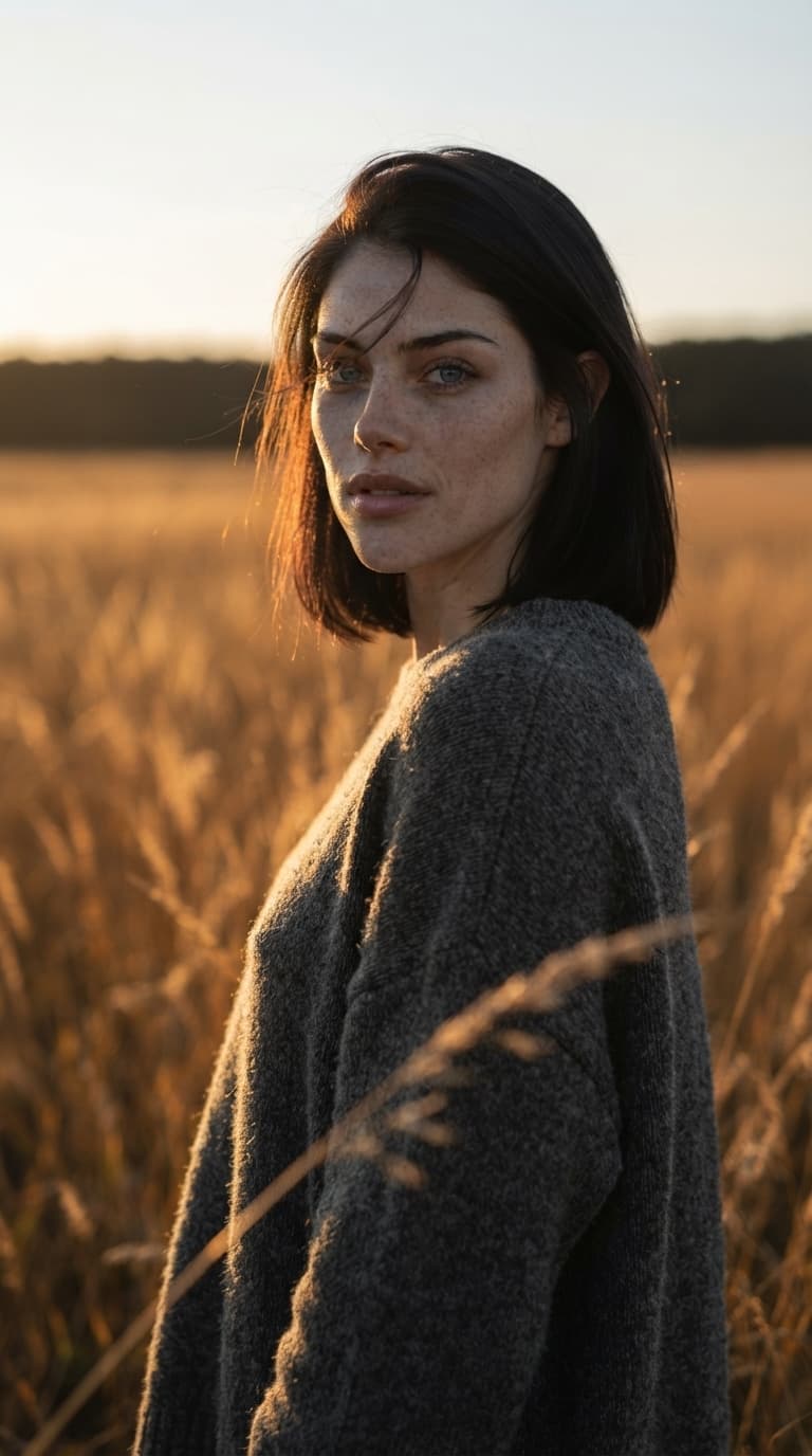 Mulher de suéter cinza em um campo seco ao pôr do sol, olhando por cima do ombro