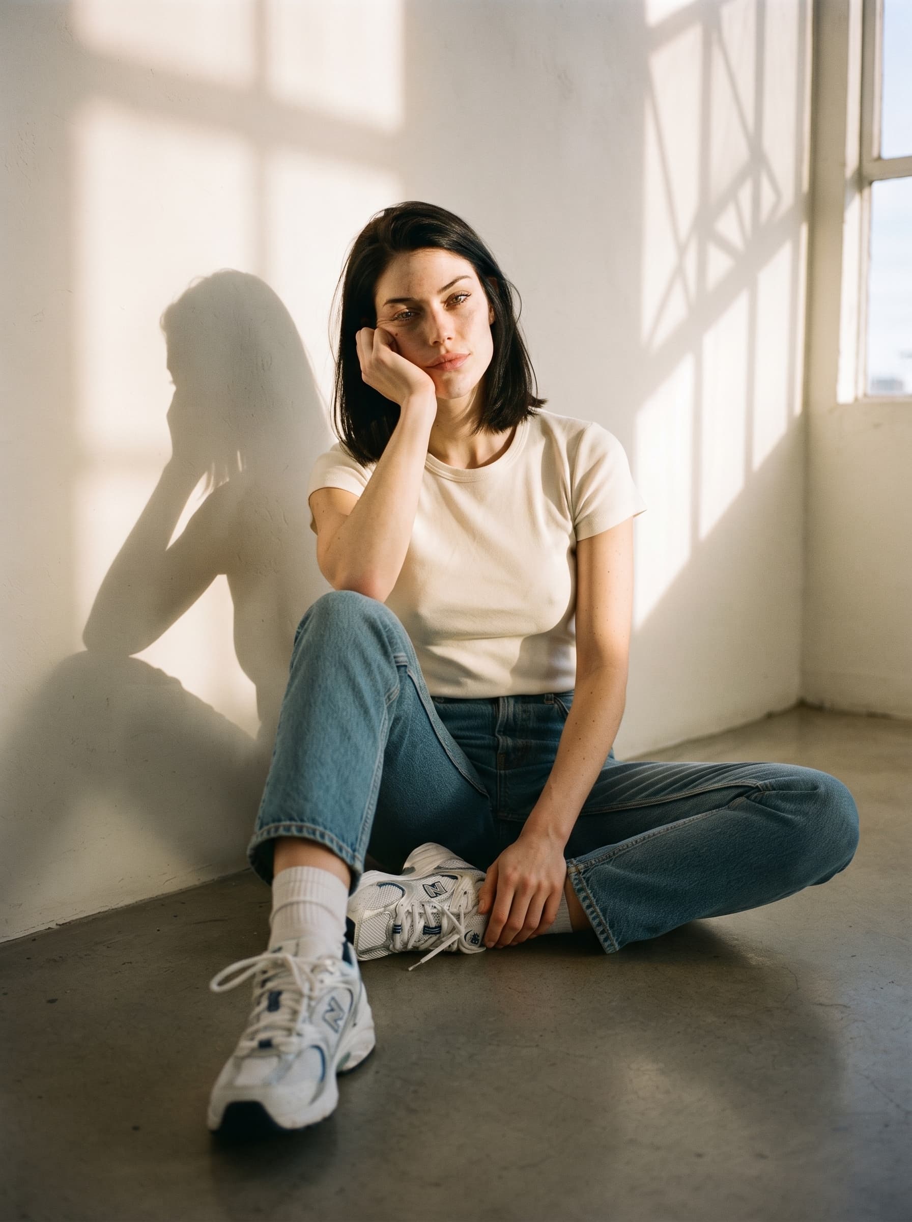 Mulher sentada no chão, camiseta clara e jeans, com a mão no rosto e luz de janela na parede