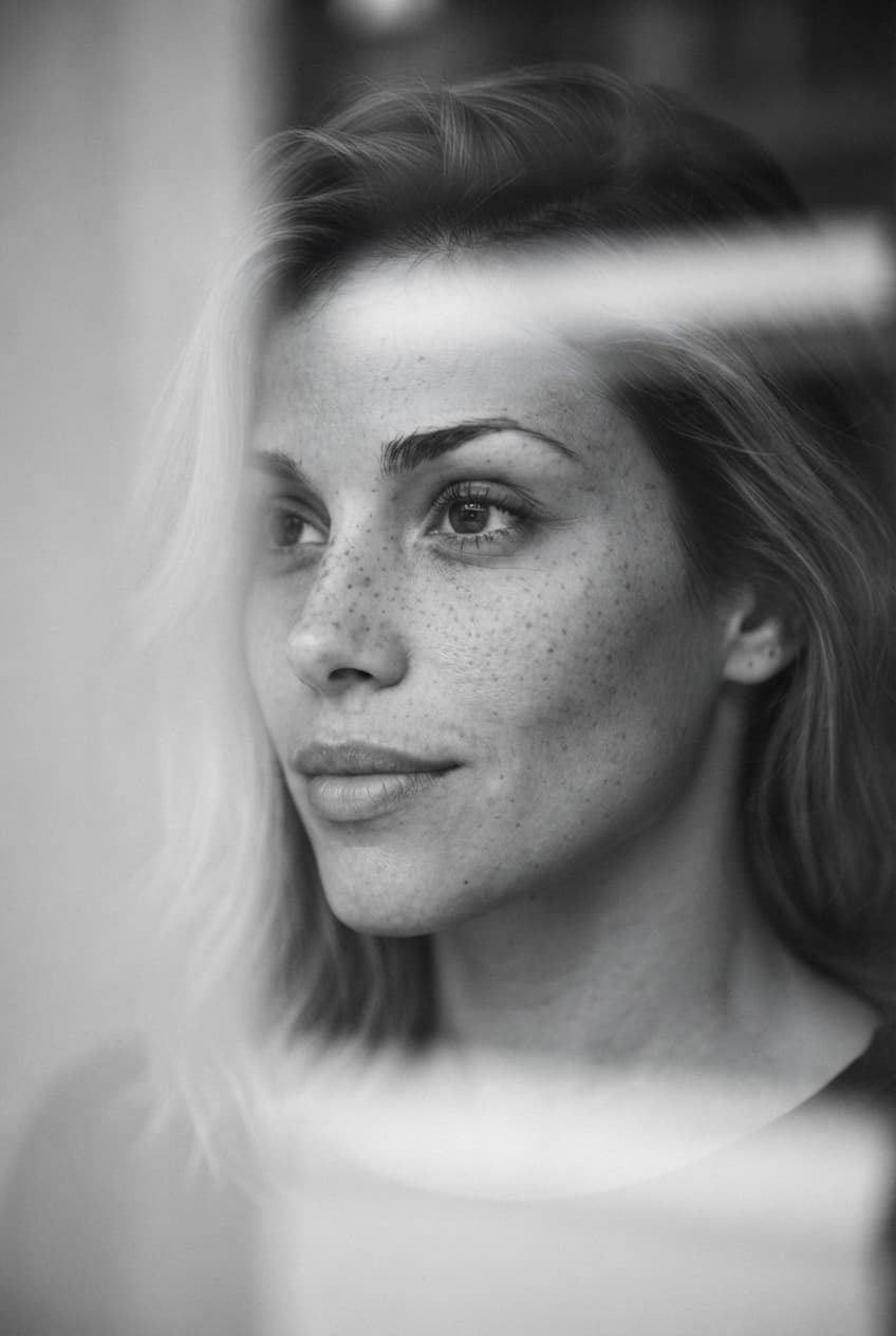 Retrato em preto e branco de uma mulher olhando para o lado, com reflexos de vidro desfocados na frente