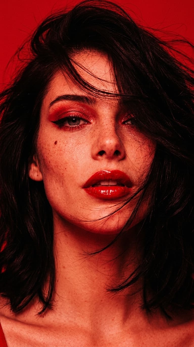 Close de uma mulher iluminada em vermelho, com cabelo cobrindo um olho e batom escarlate