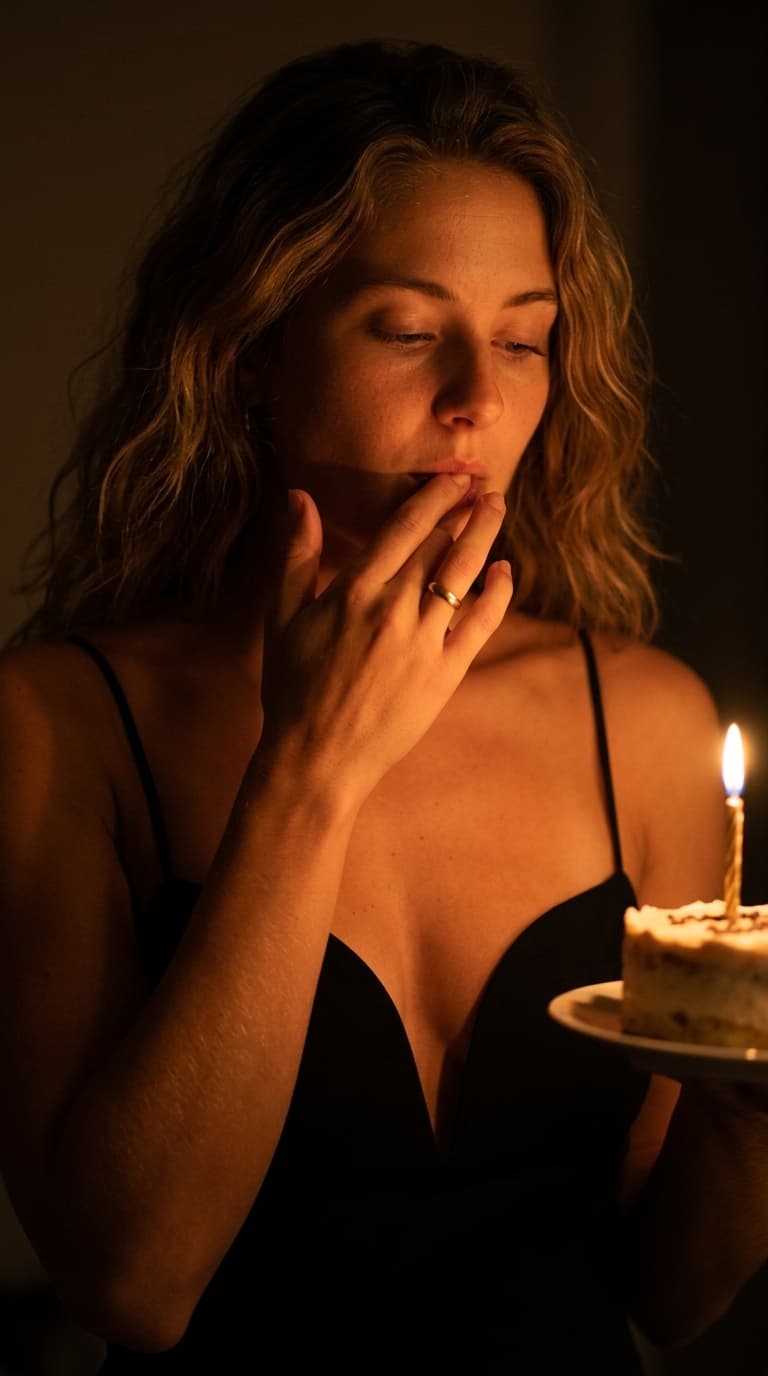 Mulher de vestido preto no escuro, com o dedo nos lábios e um bolo de aniversário iluminado por uma vela